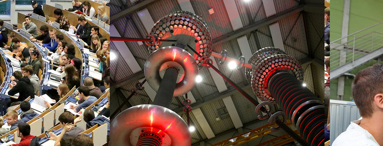 Photo collage Lecture hall, HVDC test center, charging station from the inside Photo collage Lecture hall, HVDC test center, charging station from the inside