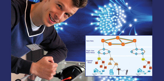 Junger Mann vor Versuchsaufbau Glasfasertechnologie Junger Mann vor Versuchsaufbau Glasfasertechnologie
